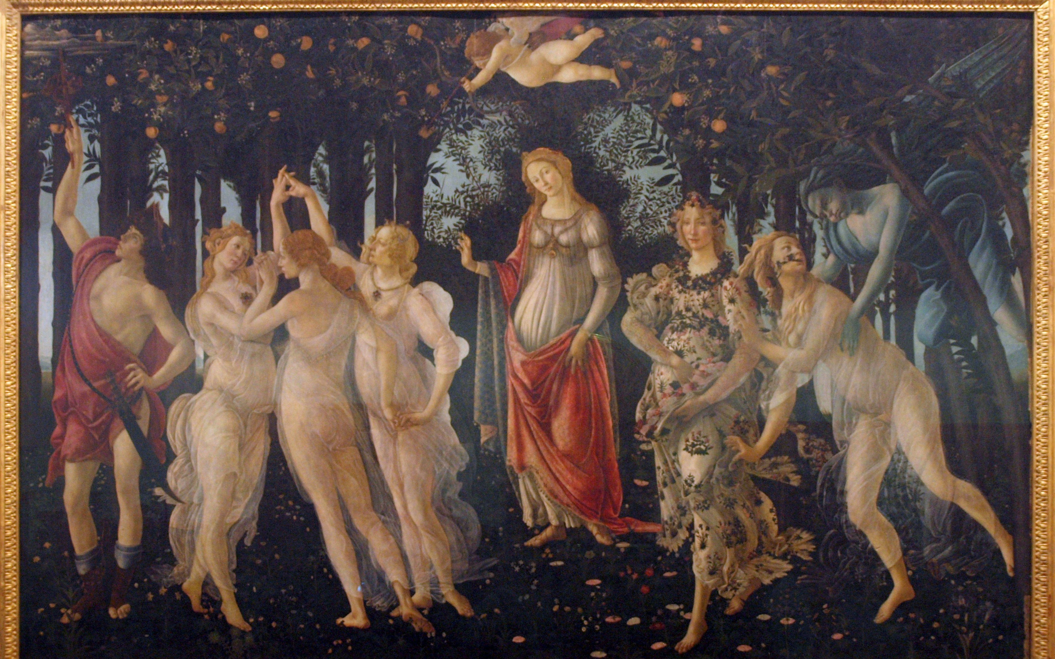 Botticelli's "Primavera" painting in Uffizi Gallery, Florence, featured on guided tour.