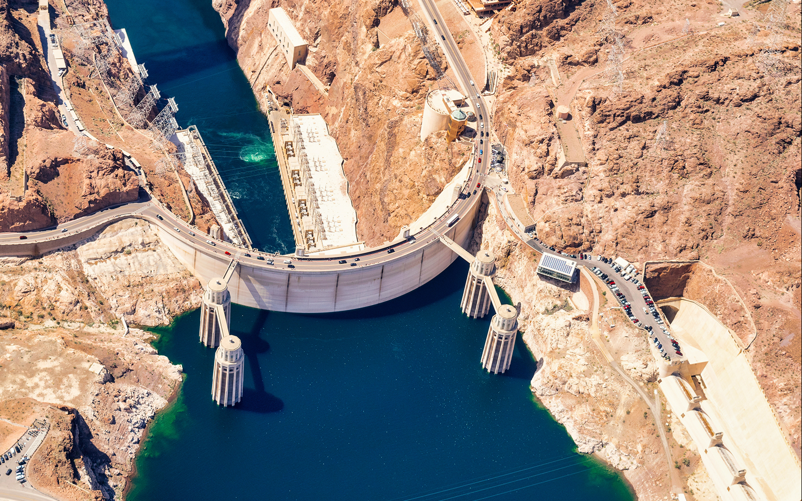 Aerial view of Hoover Dam on the Colorado River, part of The Las Vegas Pass tour.