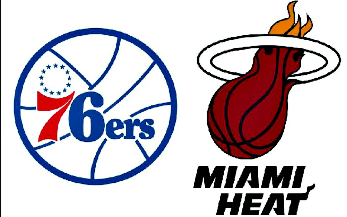 Miami Heat and Philadelphia 76ers logos for NBA game at American Airlines Arena.