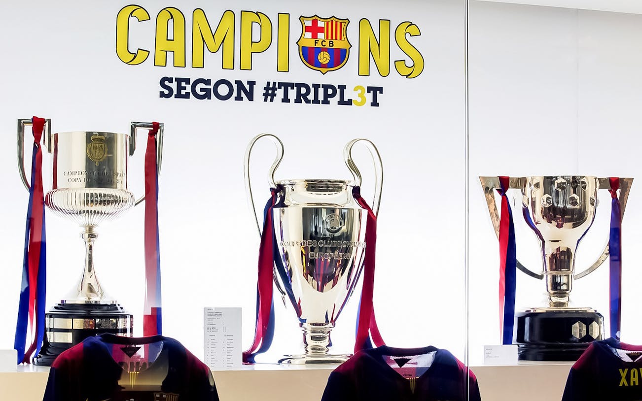 Trophies displayed at FC Barcelona Camp Nou during a skip-the-line guided tour.