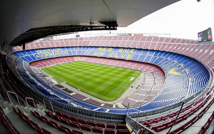 Camp Nou stadium seating and field, Barcelona, for guided tour.