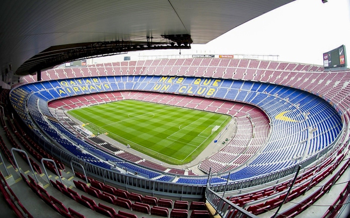 Camp Nou stadium seating and field, Barcelona, for guided tour.