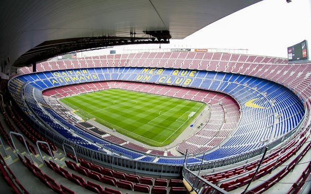 Camp Nou stadium seating and field, Barcelona, for guided tour.