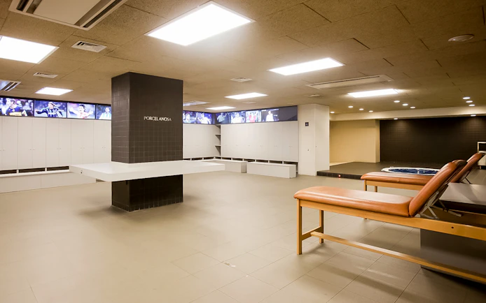 FC Barcelona Camp Nou locker room interior on guided tour.