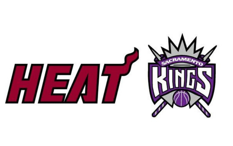 Miami Heat vs Sacramento Kings logos for NBA game at American Airlines Arena.