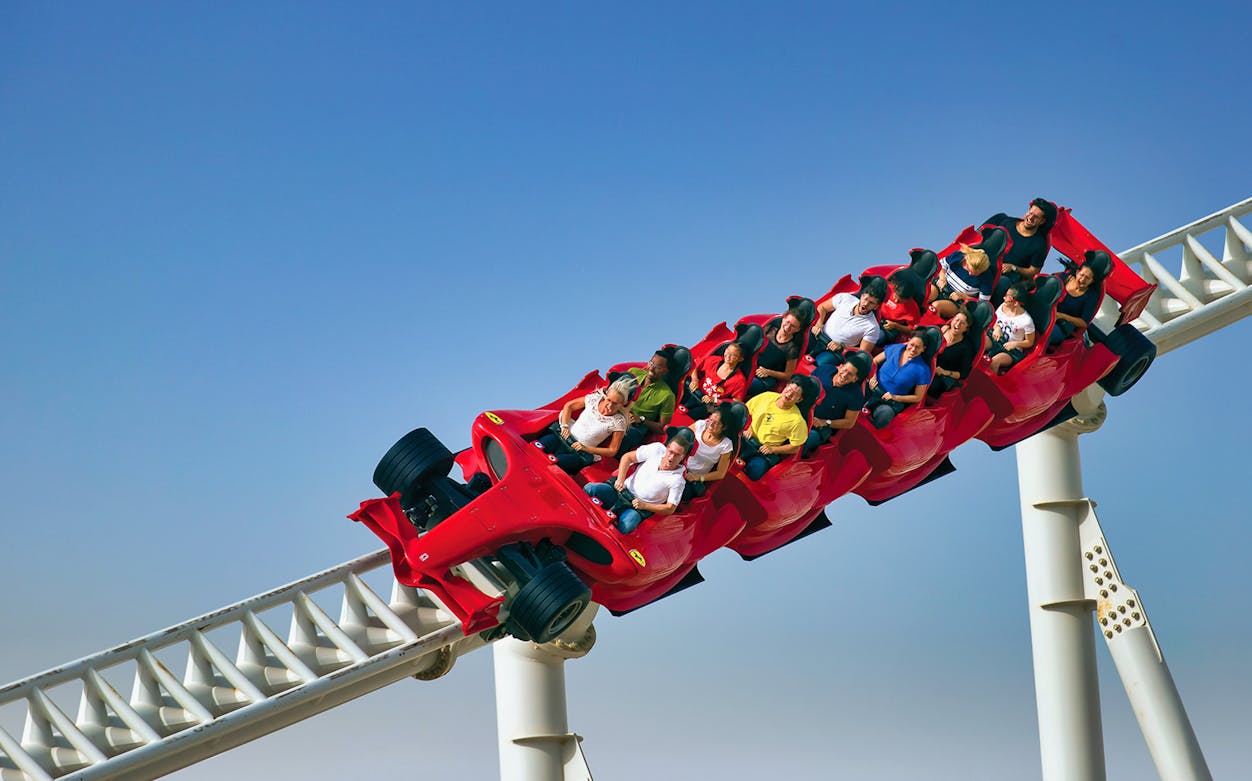 Visitors on a roller coaster at Ferrari World, Abu Dhabi.