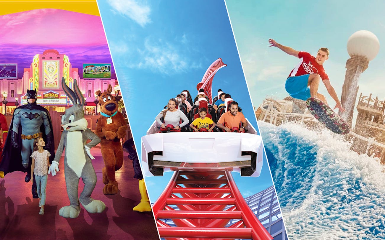 Warner Bros. World characters, Ferrari World roller coaster, Yas Waterworld surfing in Abu Dhabi.