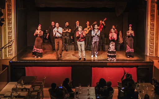 Flamenco dancers and musicians performing on stage in a lively show.