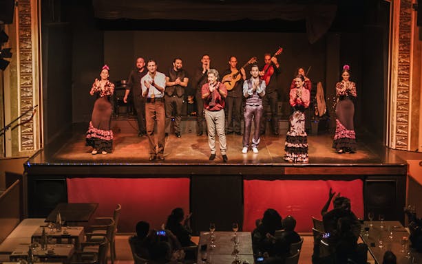 Flamenco dancers and musicians performing on stage in a lively show.