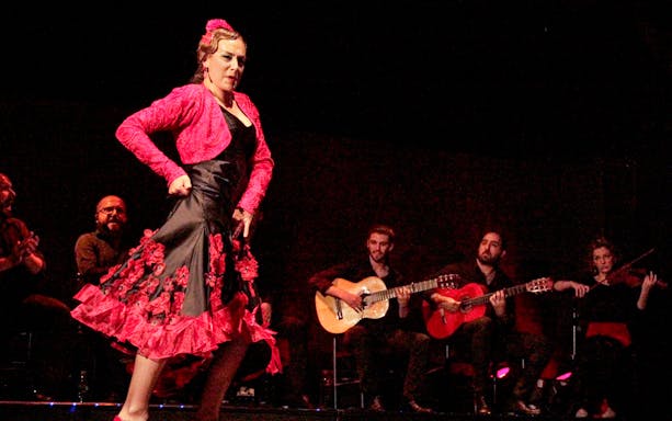 Flamenco dancer performing with musicians on stage in Spain.