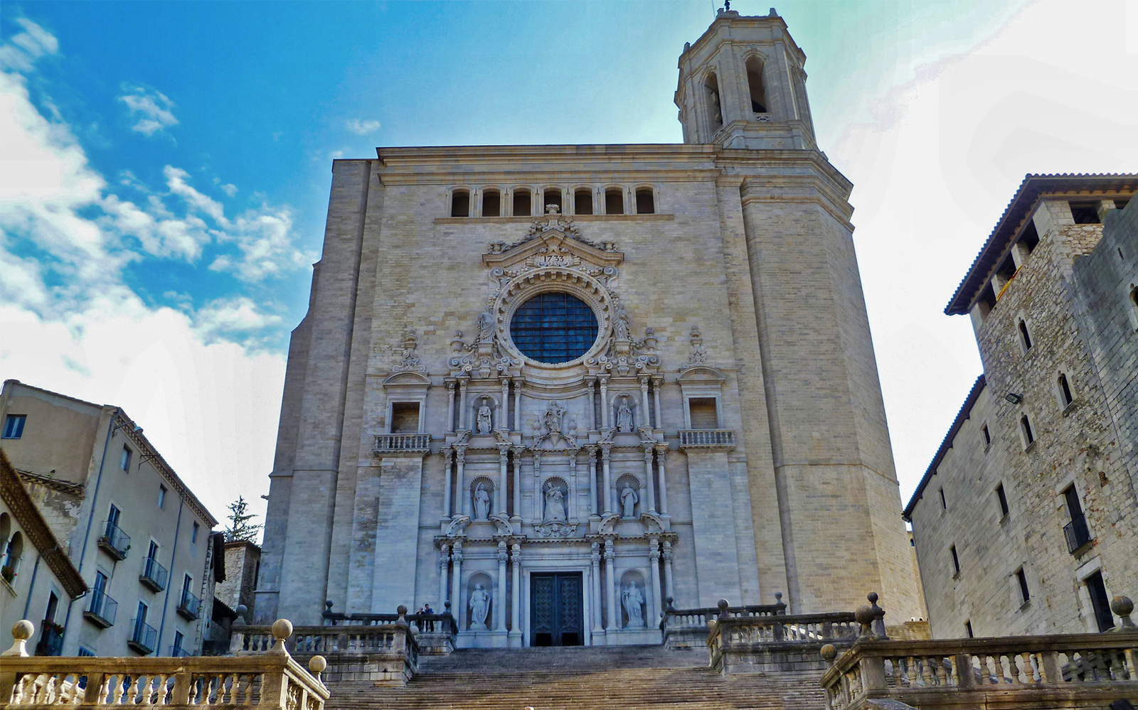 Girona Cathedral, filming location for Game of Thrones, with detailed facade and steps.