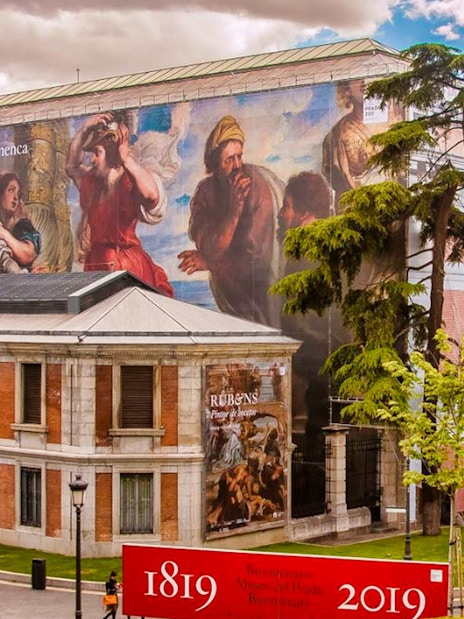 Prado Museum exterior with large mural, Madrid’s Prado Museum and El Retiro Park Guided Tour.