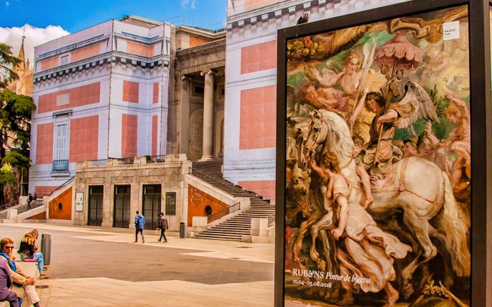 Prado Museum entrance with Rubens painting display, Madrid tour.