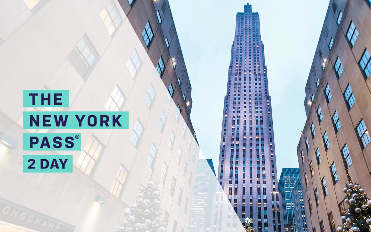 Rockefeller Center skyscraper in New York City with 2 Day New York Pass text.