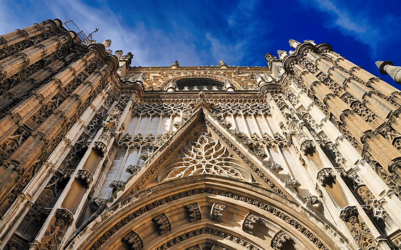 Gothic facade of Seville Cathedral on Skip the Line Guided Tour to Cathedral & Giralda Towers.