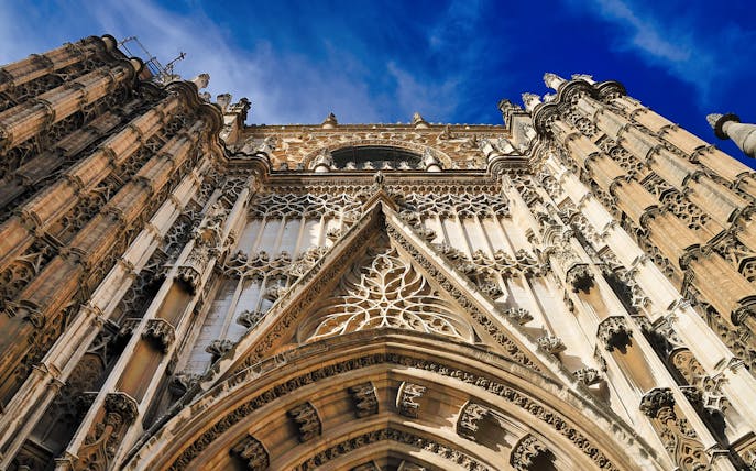 Gothic facade of Seville Cathedral on Skip the Line Guided Tour to Cathedral & Giralda Towers.