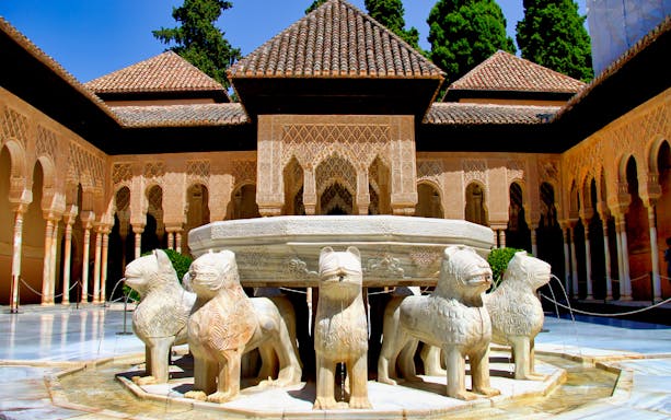 Lion Fountain in the Alhambra's Court of the Lions, Granada, Spain.