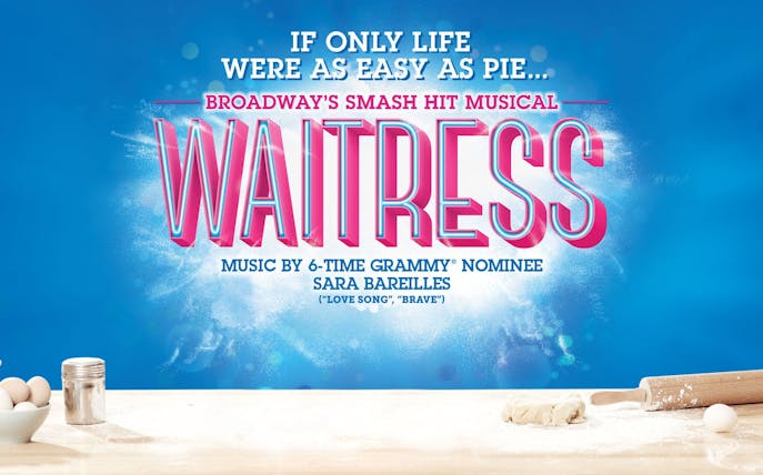 Broadway musical "Waitress" poster with baking ingredients and rolling pin.