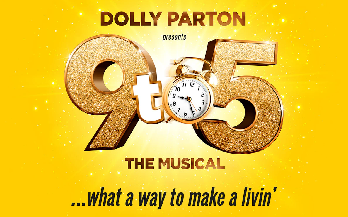 9 to 5: The Musical logo with clock and glittery numbers.