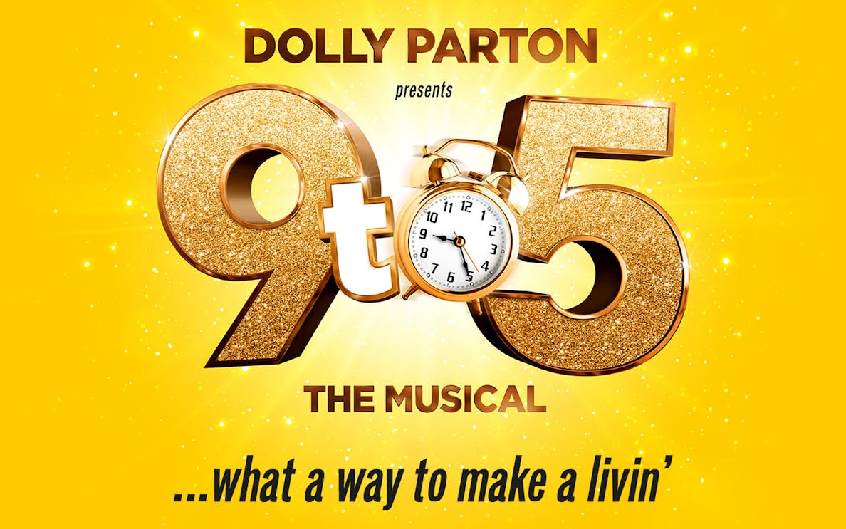 9 to 5: The Musical logo with clock and glittery numbers.