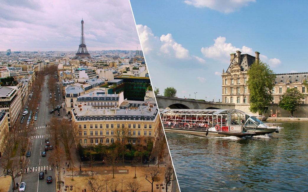 Seine River cruise boat near Louvre Museum and aerial view of Paris with Eiffel Tower.