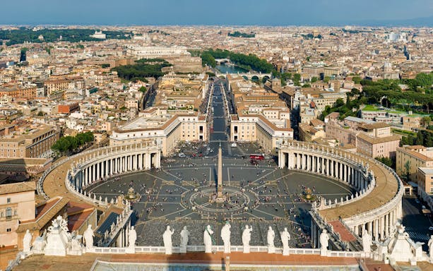 Aerial view of St. Peter’s Square and Basilica in Vatican City, Rome.
