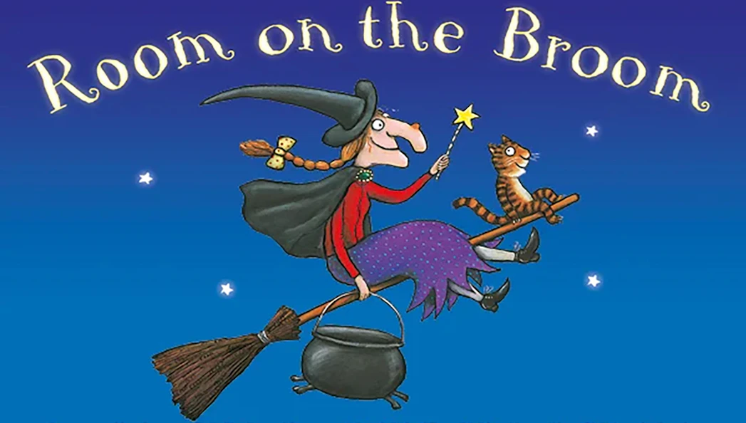 Witch flying on broomstick with cat, from Room On The Broom Live.