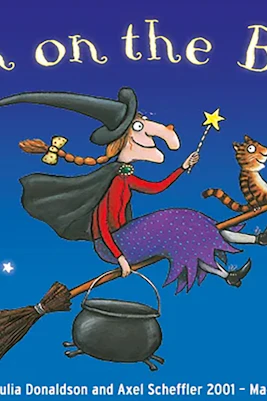 Witch flying on broomstick with cat, from Room On The Broom Live.