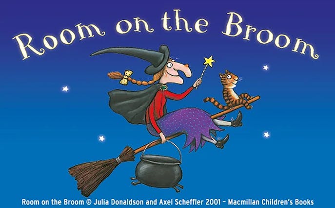 Witch flying on broomstick with cat, from Room On The Broom Live.