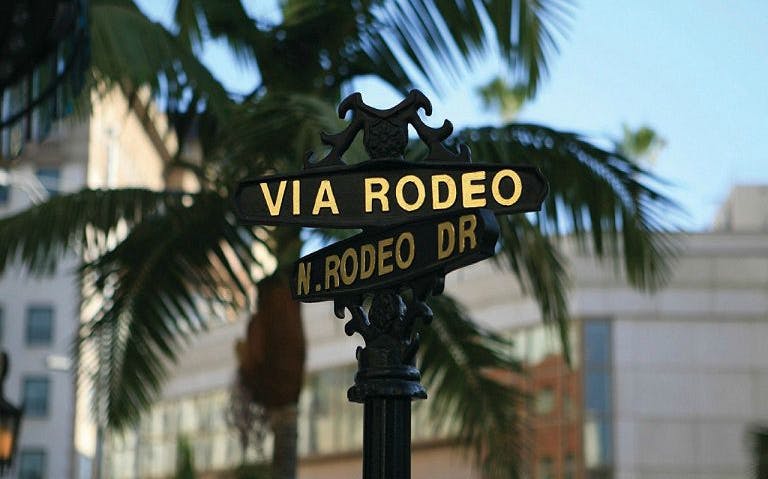 Via Rodeo and Rodeo Drive street signs in Beverly Hills, Los Angeles