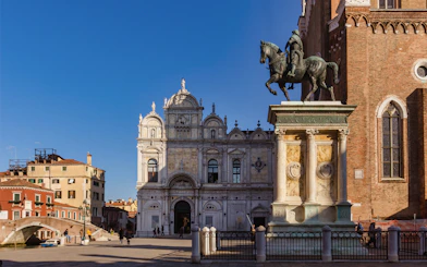 Statue of Bartolomeo Colleoni in front of Scuola Grande di San Marco, Venice.
