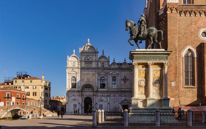 Statue of Bartolomeo Colleoni in front of Scuola Grande di San Marco, Venice.