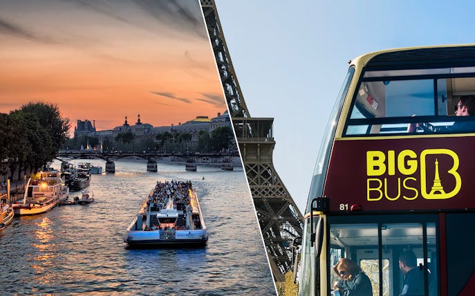 BigBus Paris tour bus near Eiffel Tower and Bateaux Parisien cruise on Seine River at sunset.