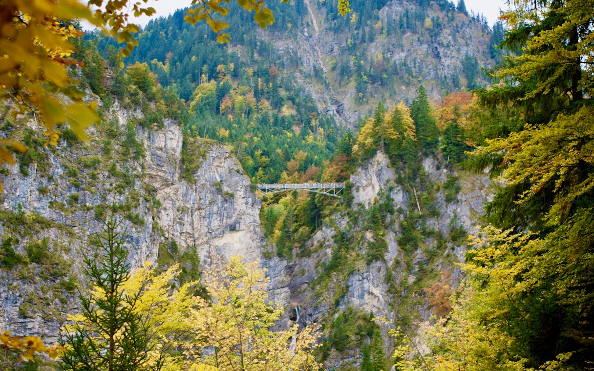 Bridge over rocky gorge surrounded by forest near Neuschwanstein, seen on Munich coach tour.