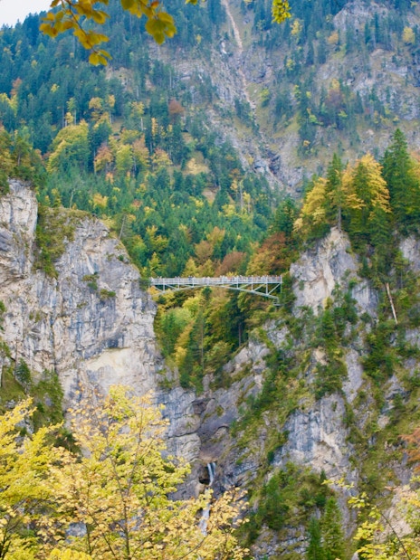 Bridge over rocky gorge surrounded by forest near Neuschwanstein, seen on Munich coach tour.