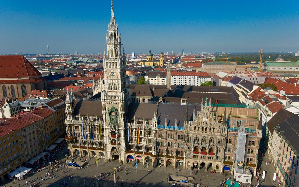 Aerial view of Munich's Marienplatz with the New Town Hall, part of the Neuschwanstein, Oberammergau & Linderhof tour.