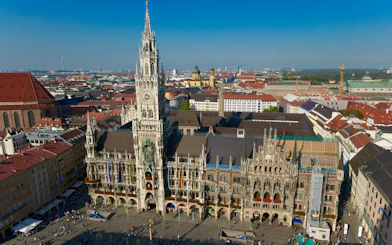 Aerial view of Munich's Marienplatz with the New Town Hall, part of the Neuschwanstein, Oberammergau & Linderhof tour.