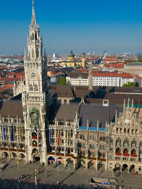 Aerial view of Munich's Marienplatz with the New Town Hall, part of the Neuschwanstein, Oberammergau & Linderhof tour.