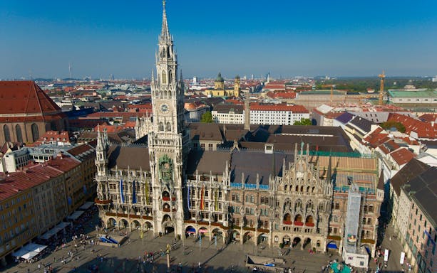 Aerial view of Munich's Marienplatz with the New Town Hall, part of the Neuschwanstein, Oberammergau & Linderhof tour.