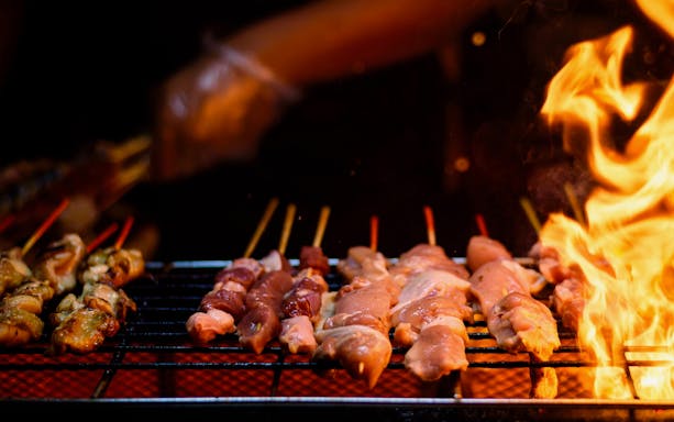 Camel caravan trekking through Dubai desert at sunset with BBQ dinner experience.