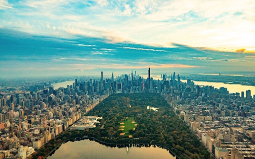Aerial view of Central Park and Manhattan skyline during a helicopter tour in New York City.