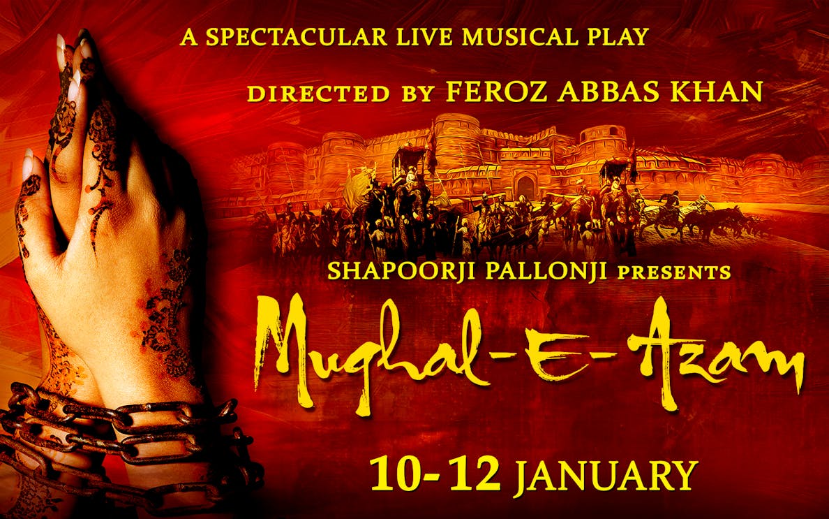 Mughal-e-Azam live musical play poster with henna-adorned hands and historical fort backdrop.