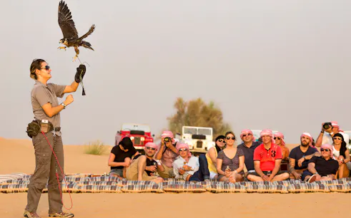Falconer with falcon in desert during Heritage Falconry tour, group watching nearby.