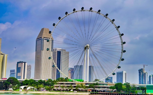 Singapore Flyer with city skyline in the background near Gardens by the Bay.