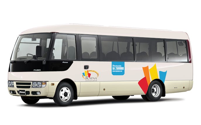 Shuttle bus for airport pick-up from Terminal 1/3 with Rayna Tours branding.