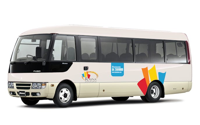 Shuttle bus for airport drop-off to Terminal 1/3 with company logo.