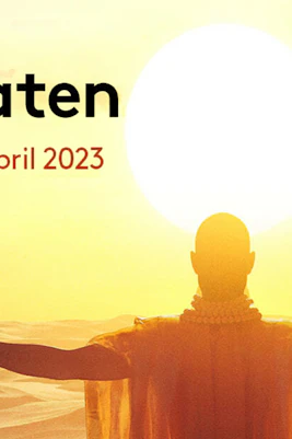 Akhnaten opera poster with figure facing sunrise, March-April 2023 dates.