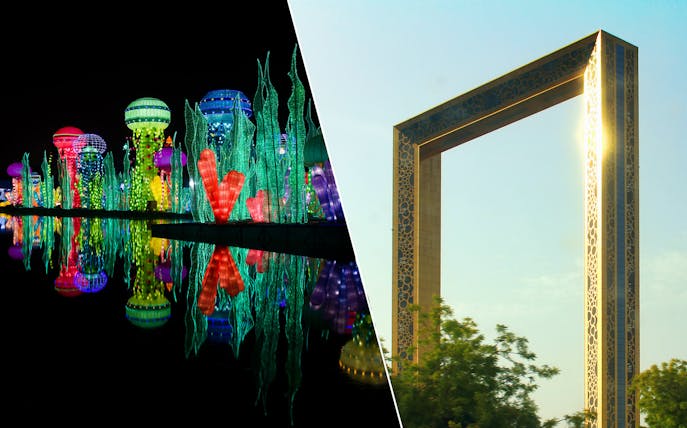 Dubai Frame and illuminated sculptures at Dubai Garden Glow.