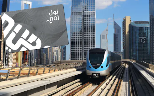 Dubai metro train with NOL card in foreground, city skyline in background.