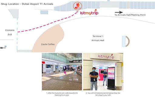 Kitmytrip shop location map at Dubai Airport Terminal 1 for NOL Metro Card and SIM Card.